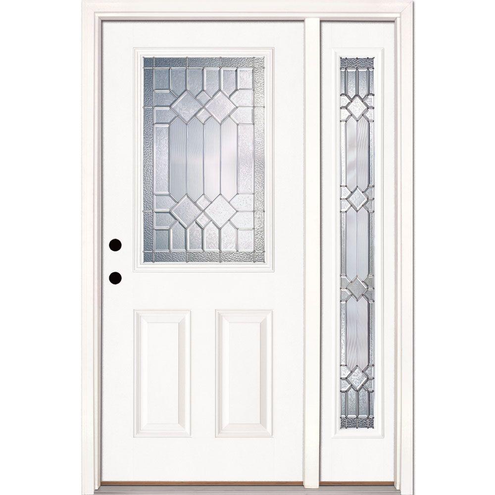 Feather River Doors 50 5 In X81 625 In Mission Pointe Zinc 1 2 Lite Unfinished Smooth Right Hand Fiberglass Prehung Front Door W Sidelite