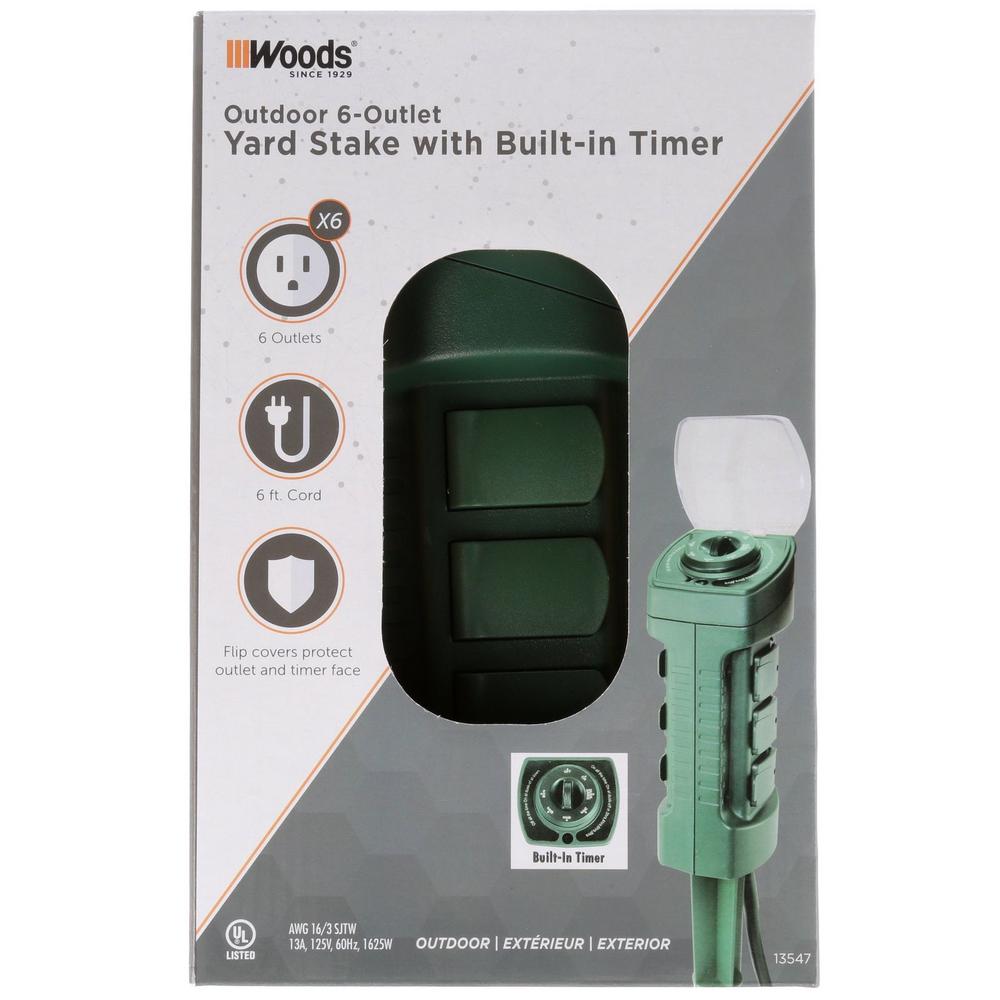 Woods Outdoor Plug In Photocell Light Sensor 1Amp 6 Outlet Yard Stake