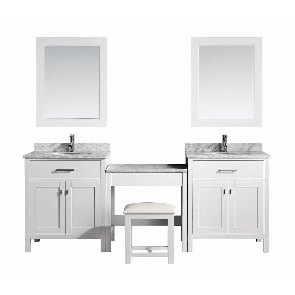 Design Element Two London 30 In W X 22 In D Vanity In White With Marble Vanity Top In Carrara White Mirror And Makeup Table Dec076e Wx2 Mut W The Home Depot
