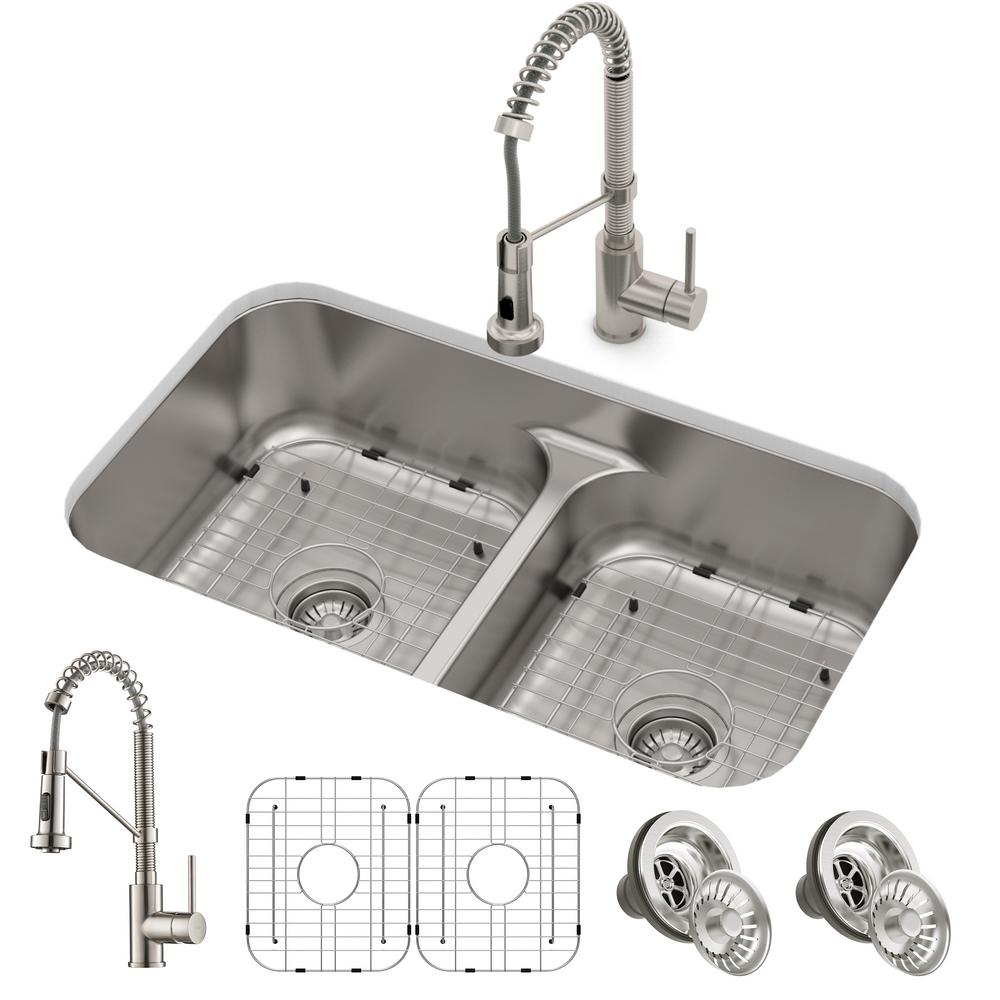 Kraus Ellis All In One Undermount Stainless Steel 32 In 50 50 Double Bowl Kitchen Sink With Commercial Pull Down Faucet Kca 1200 The Home Depot