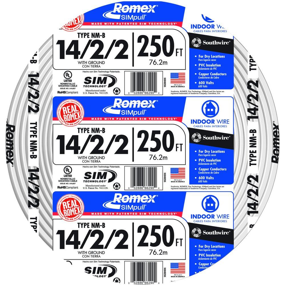 Southwire 250 Ft 14 2 2 Solid Romex SIMpull CU NM B W G Wire 55048255 
