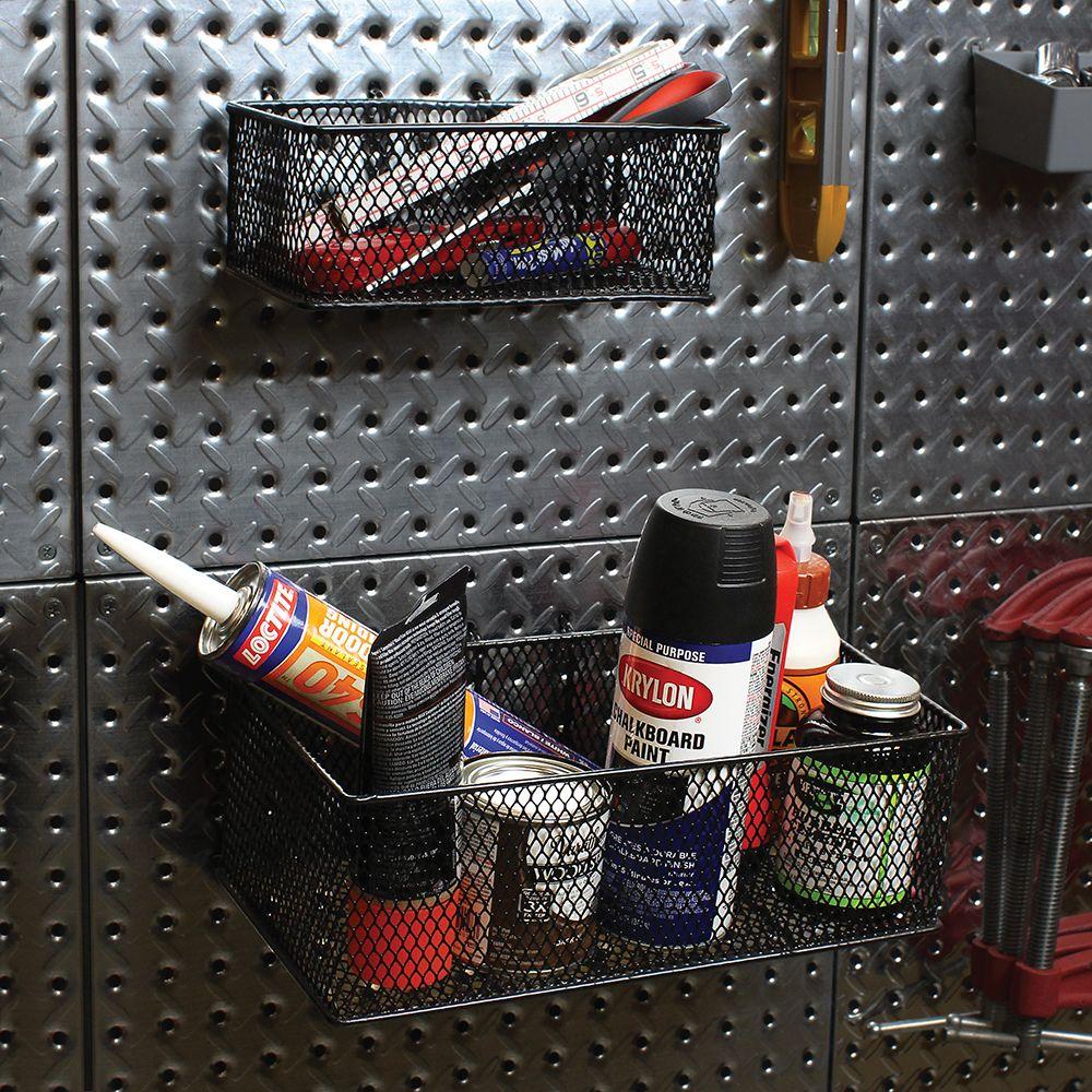 2 Pack Pegboard Baskets Steel Wire Mesh Garage Wall Storage Bins Black Finish