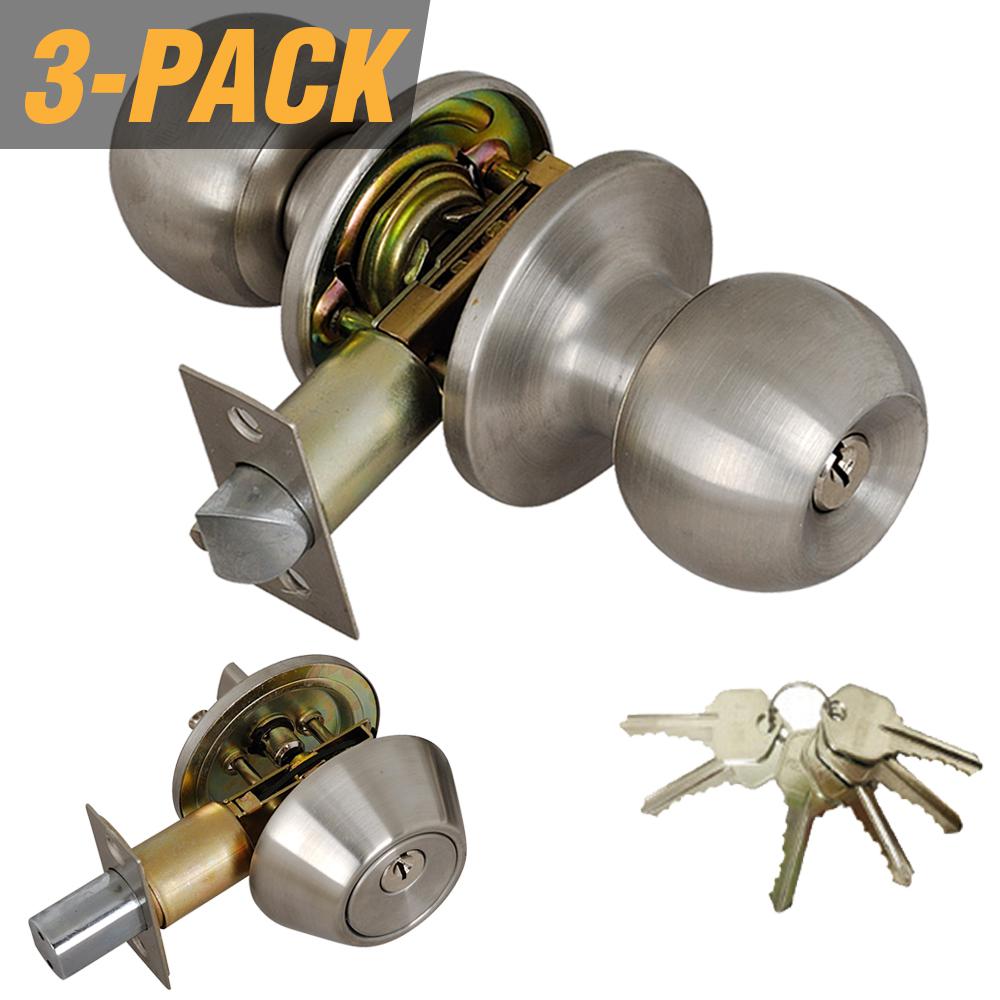 Grip Tight Tools Stainless Steel Entry Door Knob Combo Lock Set With Deadbolt And 18 Keys Total 3 Pack Keyed Alike