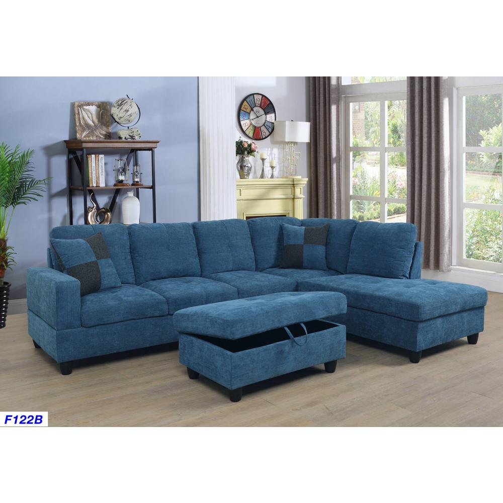 Blue Microfiber Left Chaise Sectional with Storage OttomanF122A The