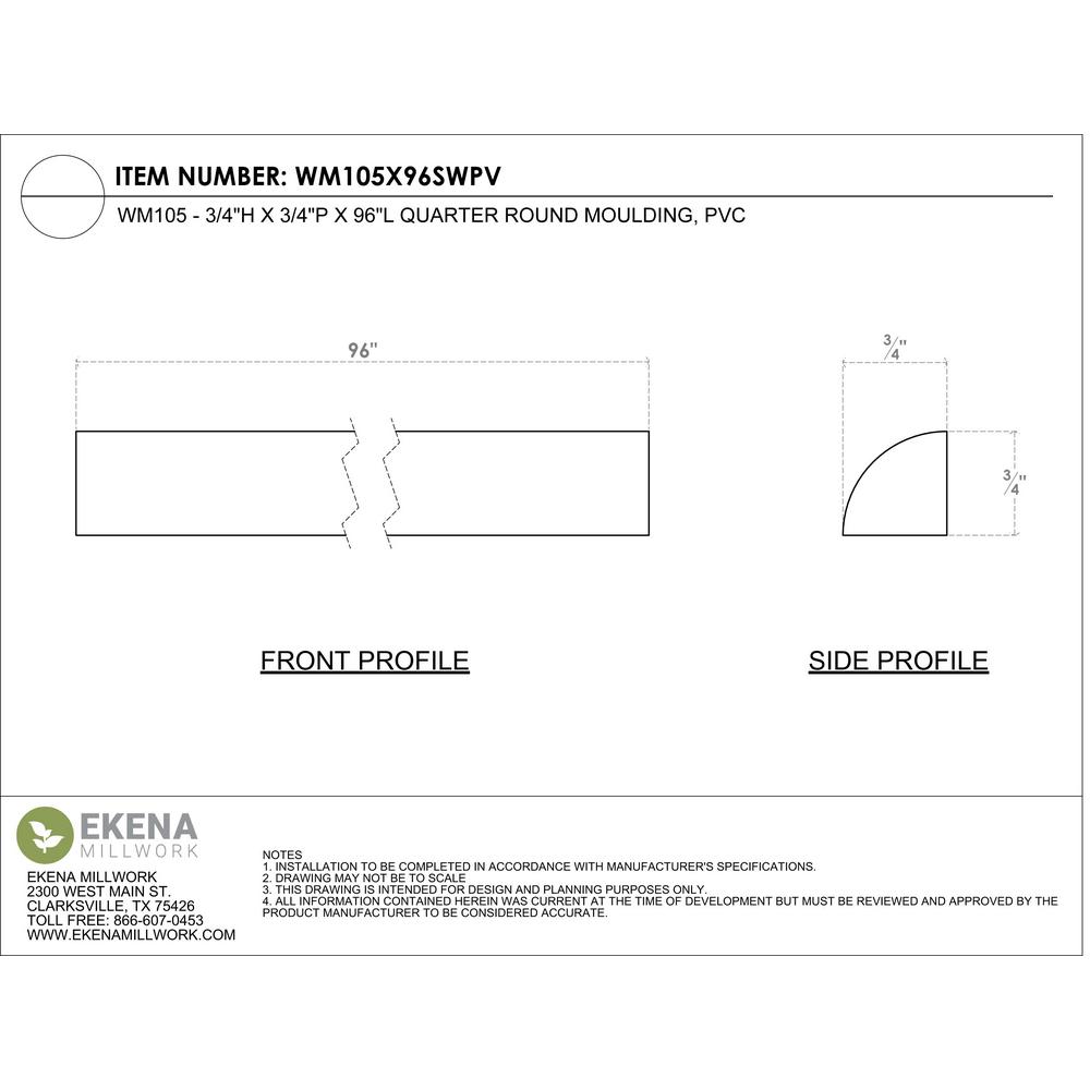 Ekena Millwork 3 4 In X 96 In X 3 4 In Pvc Quarter Round