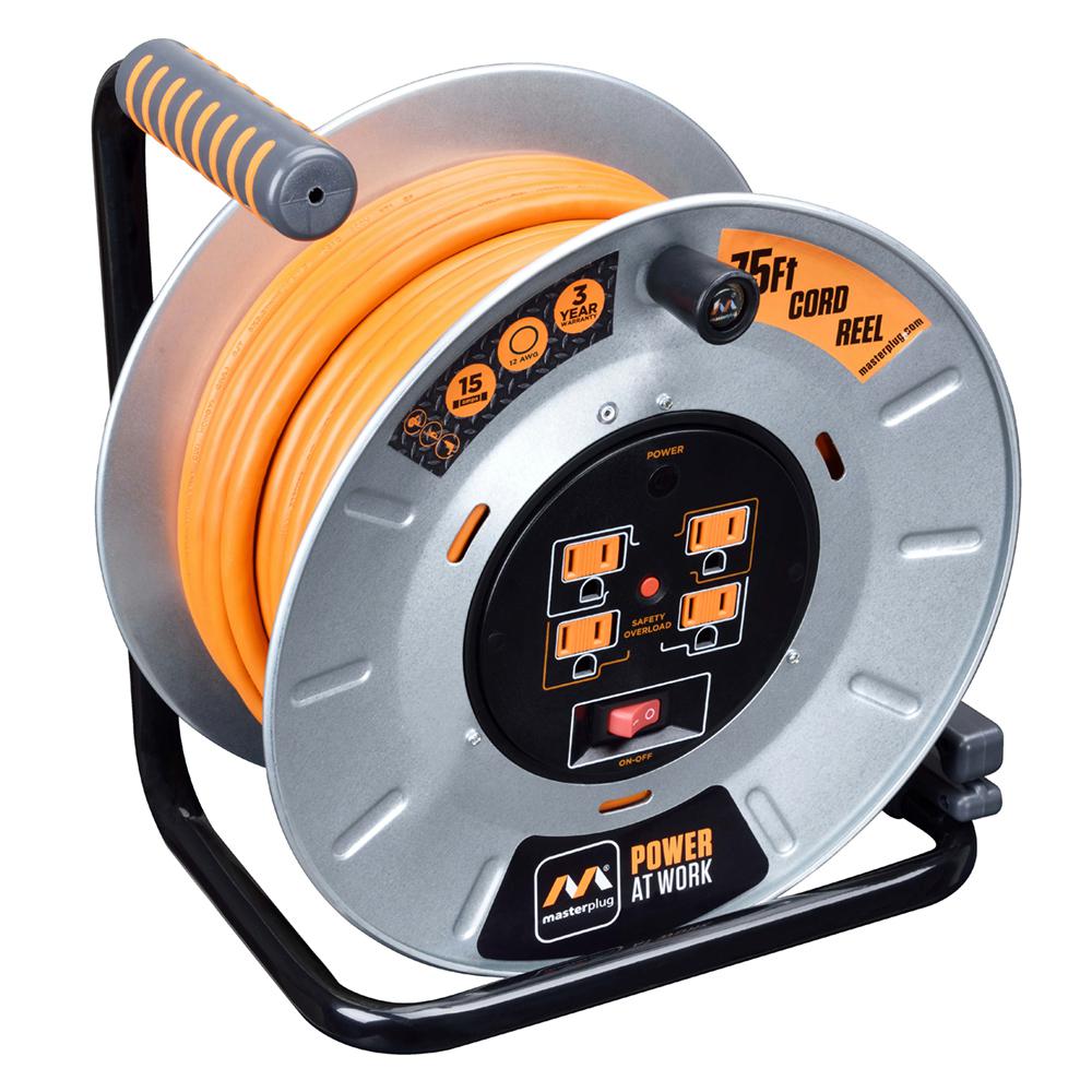Masterplug 75 ft. 15 Amp 12 AWG Large Open Metal Reel with 4-Sockets ...