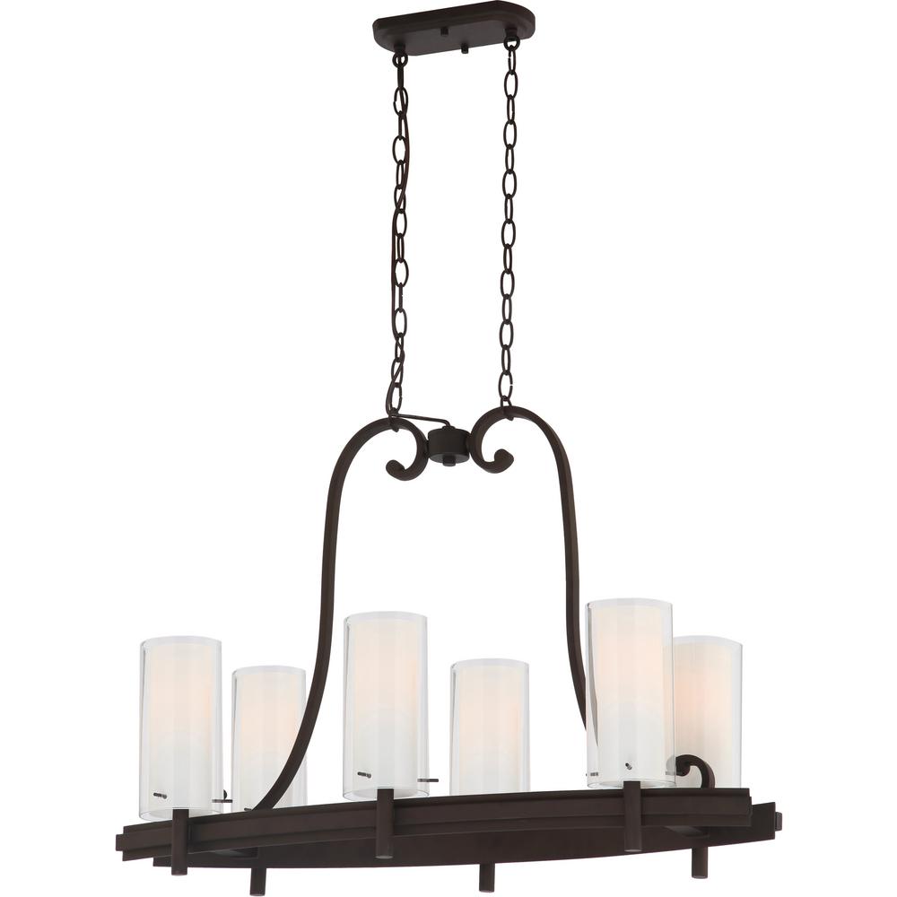 Volume Lighting Regina 6 Light Antique Bronze Indoor Hanging Linear Regina 6 Light Antique Bronze Indoor Hanging Linear Island Chandelier Outer Clear And Inner White Glass Cylinder Shades