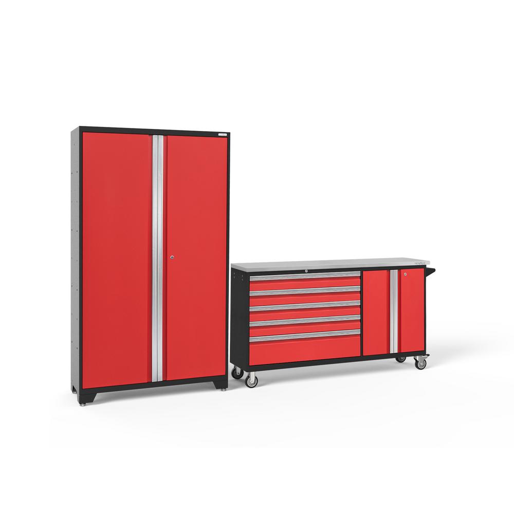 Newage Products Bold Series 104 In W X 77 25 In H X 18 In D 24 Gauge Welded Steel Garage Cabinet Set In Red 2 Piece 56216 The Home Depot