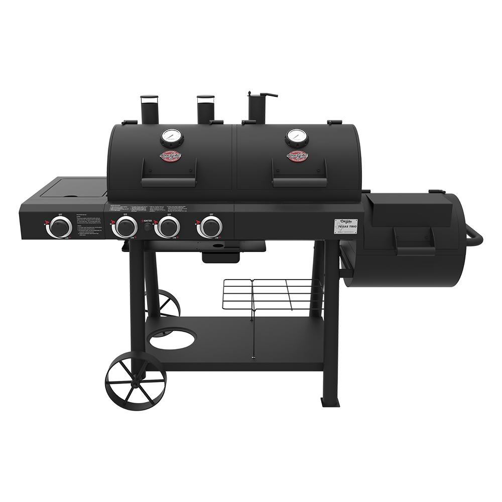 Char-Griller Texas Trio 3-Burner Dual Fuel Grill with Smoker in Black by Char-Griller