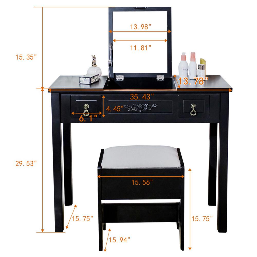 Boyel Living Vanity Set Dressing Black Table Cushioned Stools With
