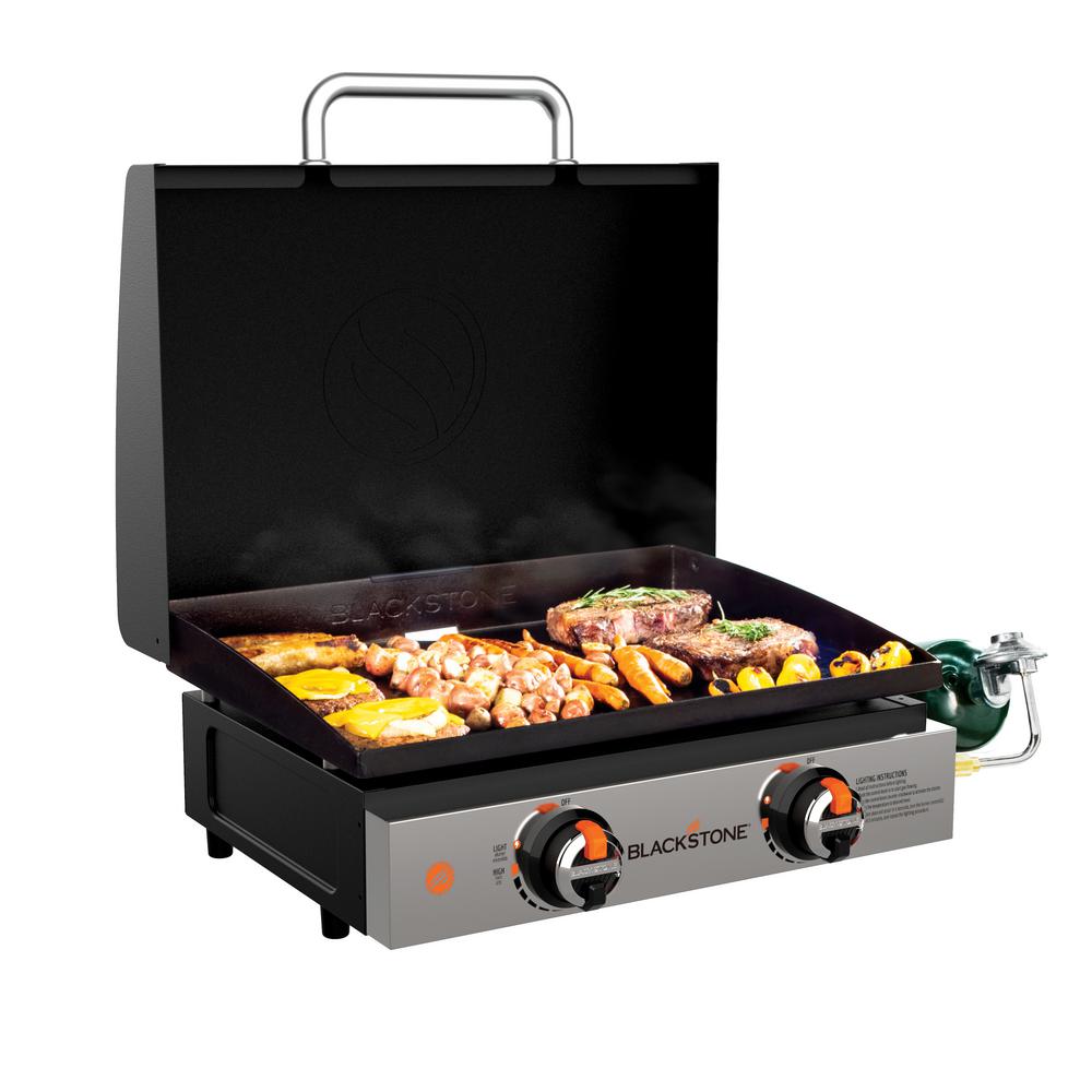 Blackstone 22 in. 2 Burner and Stainless Steel with Hood Tabletop Griddle in Black, Black/ Stainless Steel