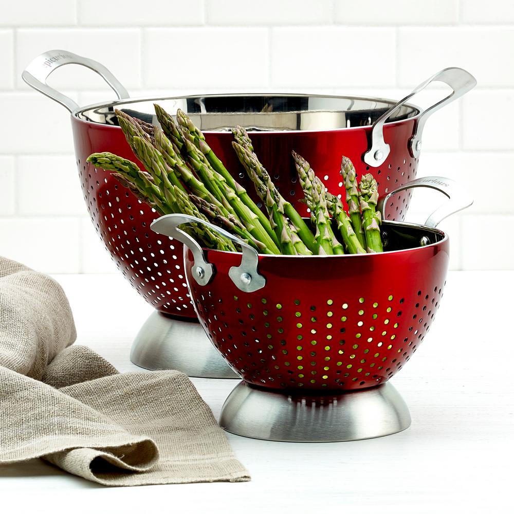 red metal colander