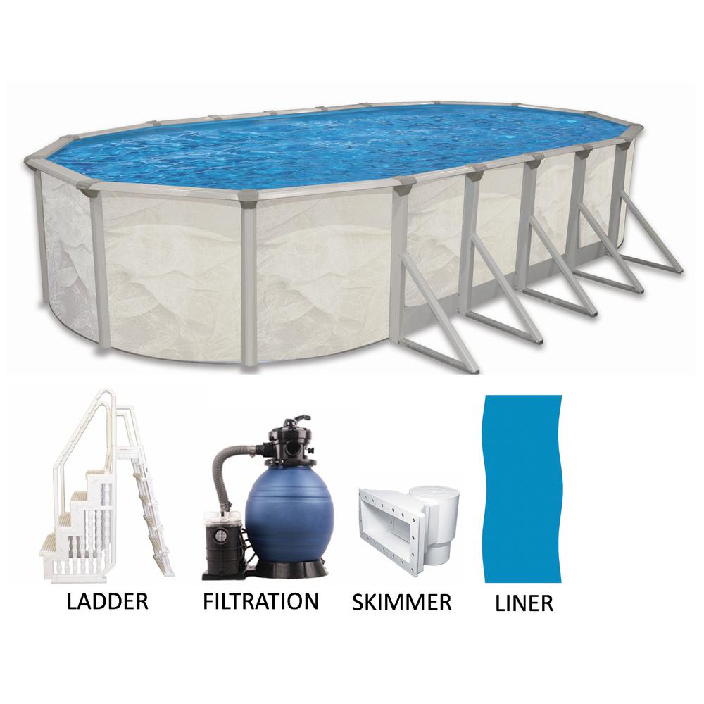Independence 12 Ft X 24 Oval 52 In Deep Metal Wall Above Ground Pool Package With Entry Step System