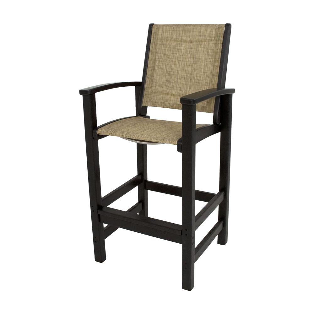 POLYWOOD Black/Burlap Sling Coastal Patio Bar Chair9012BL912 The