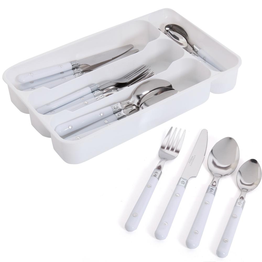 NEW CASUAL LIVING STAINLESS STEEL SILVERWARE FLATWARE SET BLUE HANDLES with TRAY