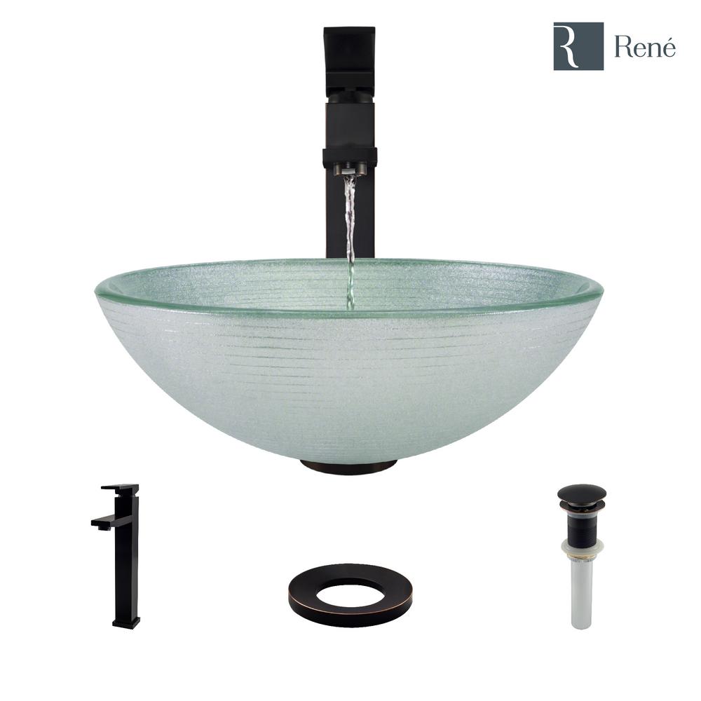 Rene Glass Vessel Sink in Sparkling Silver with R97003 Faucet and Pop