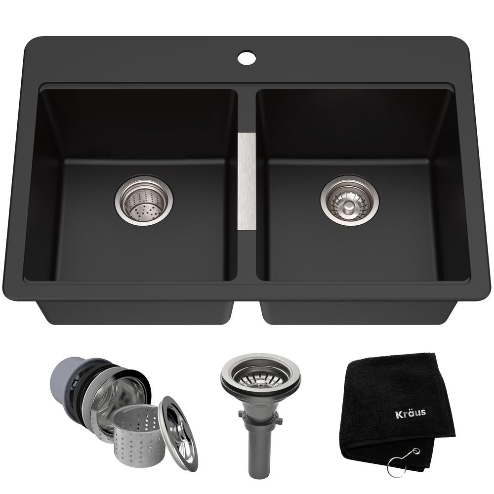Kraus Drop In Undermount Granite Composite 33 1 Hole 50 Double Basin Kitchen Sink Kit Black Onyx Kgd 433b The Home Depot - Double Undermount Sink Black Kraus Drop In Undermount Granite Composite 33 1 Hole 50 Double Basin Kitchen Sink Kit Black Onyx Kgd 433b The Home Depot - Double Undermount Sink Black
