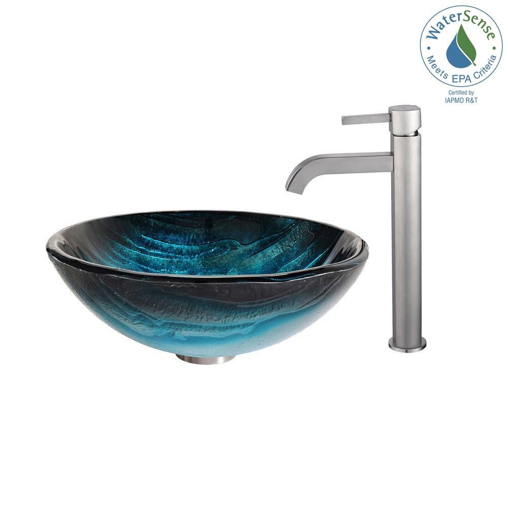 Kraus Ladon Glass Vessel Sink In Blue With Ramus Faucet Satin Kraus Ladon Glass Vessel Sink In Blue With Ramus Faucet Satin Nickel