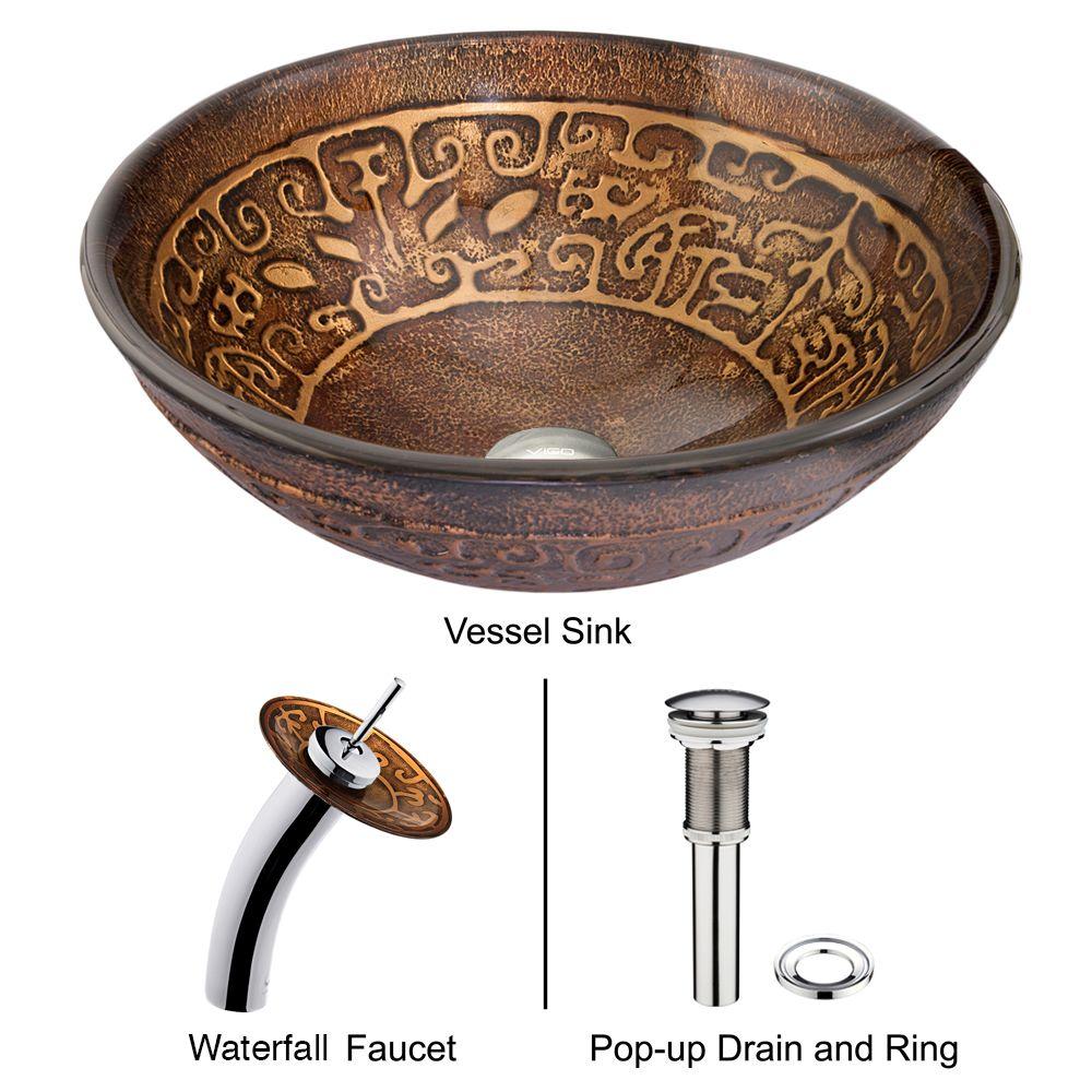VIGO Golden Greek Vessel Sink in Brown with Waterfall Faucet in Chrome