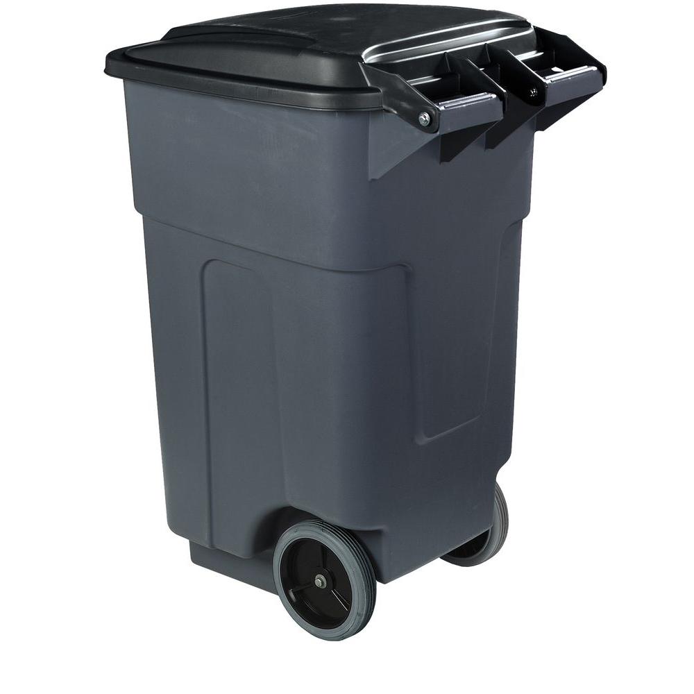 Carlisle 50 Gal. Grey Rolling Trash Can with Attached Lid (2Pack