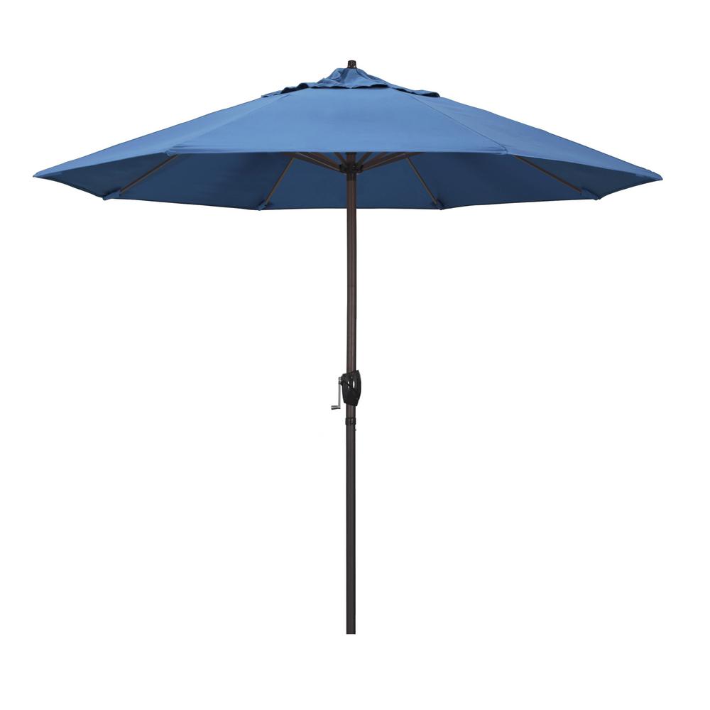 California Umbrella 9 Ft Aluminum Market Auto Tilt Crank Lift Bronze Patio Umbrella In Frost Blue Olefin Ata908117 F26 The Home Depot