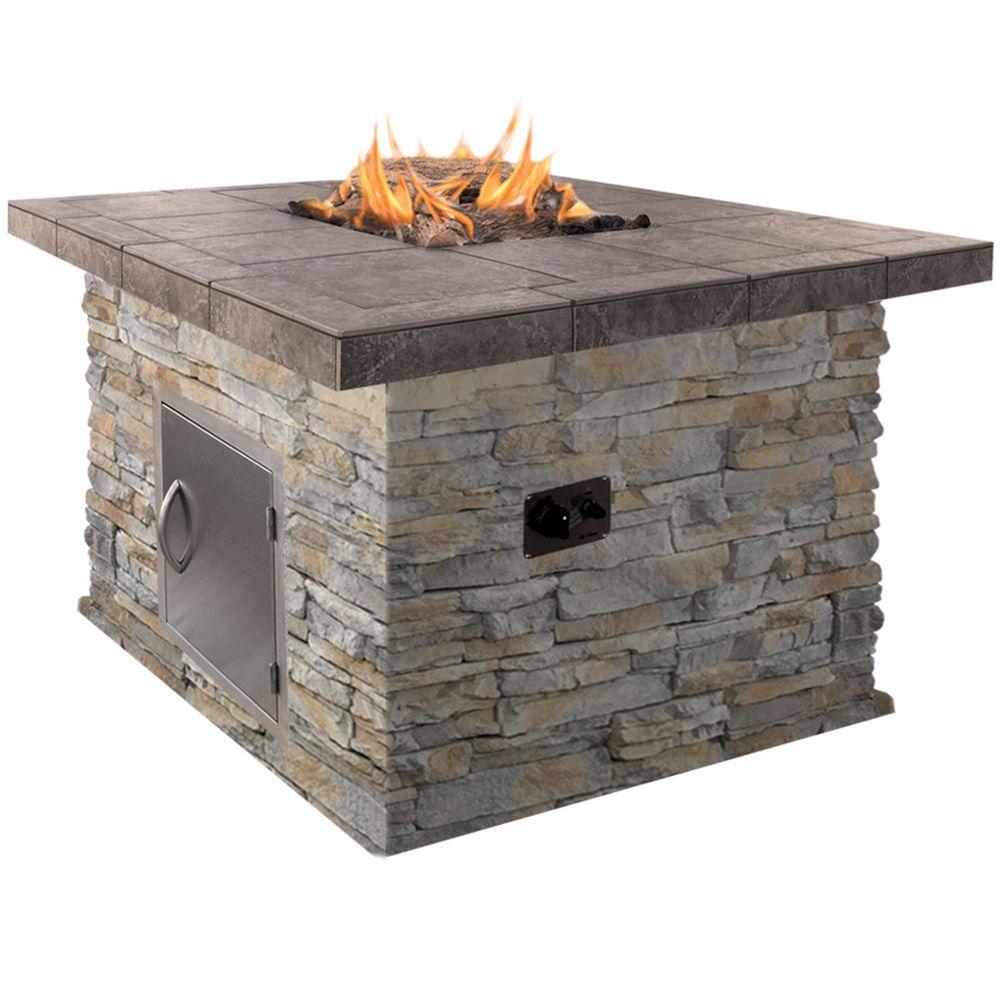 Cal Flame 48 in. Natural Stone Propane Gas Fire Pit in Gray with Log