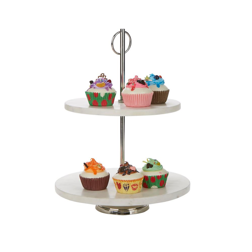 Mind Reader White 2 Tier Marble Pastry Stand Party Pastry Display Cupcake Stand Holder Tiered Serving Dessert Display Tray