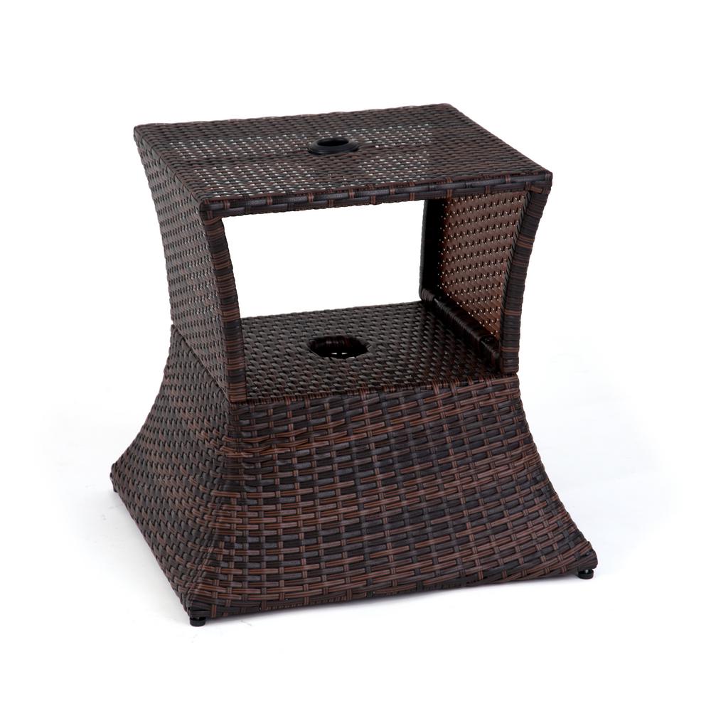 Trademark Innovations 17 In Square Pe Rattan Patio Umbrella Stand And Side Table In Brown Tbleumb