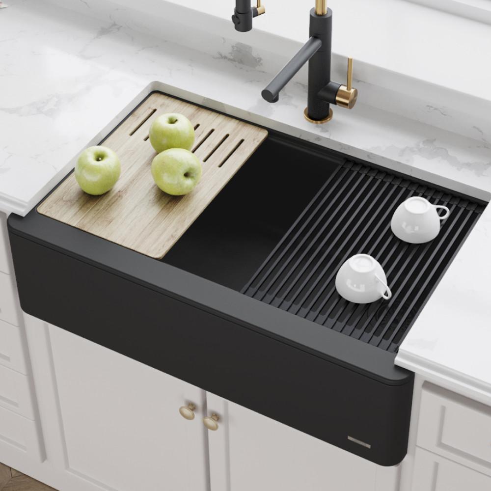 Kraus Bellucci Farmhouse Apron Front Granite Quartz Composite 33 In Single Bowl Kitchen Sink With Cutting Board In Black