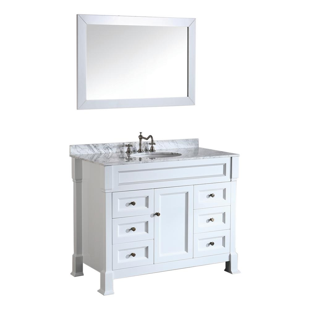 Bosconi 43 In W Single Bath Vanity White With Carrara Marble Top Basin And Mirror