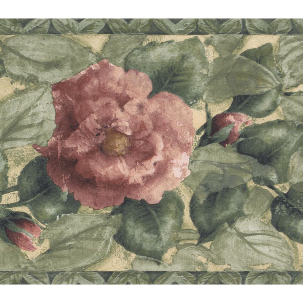 Norwall Pink Blooming Roses Green Floral Prepasted Wallpaper Border
