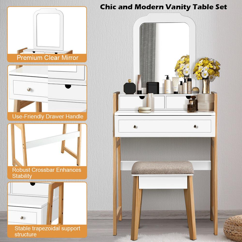 Costway 2 Piece White Makeup Vanity Table Set With 3 Drawers