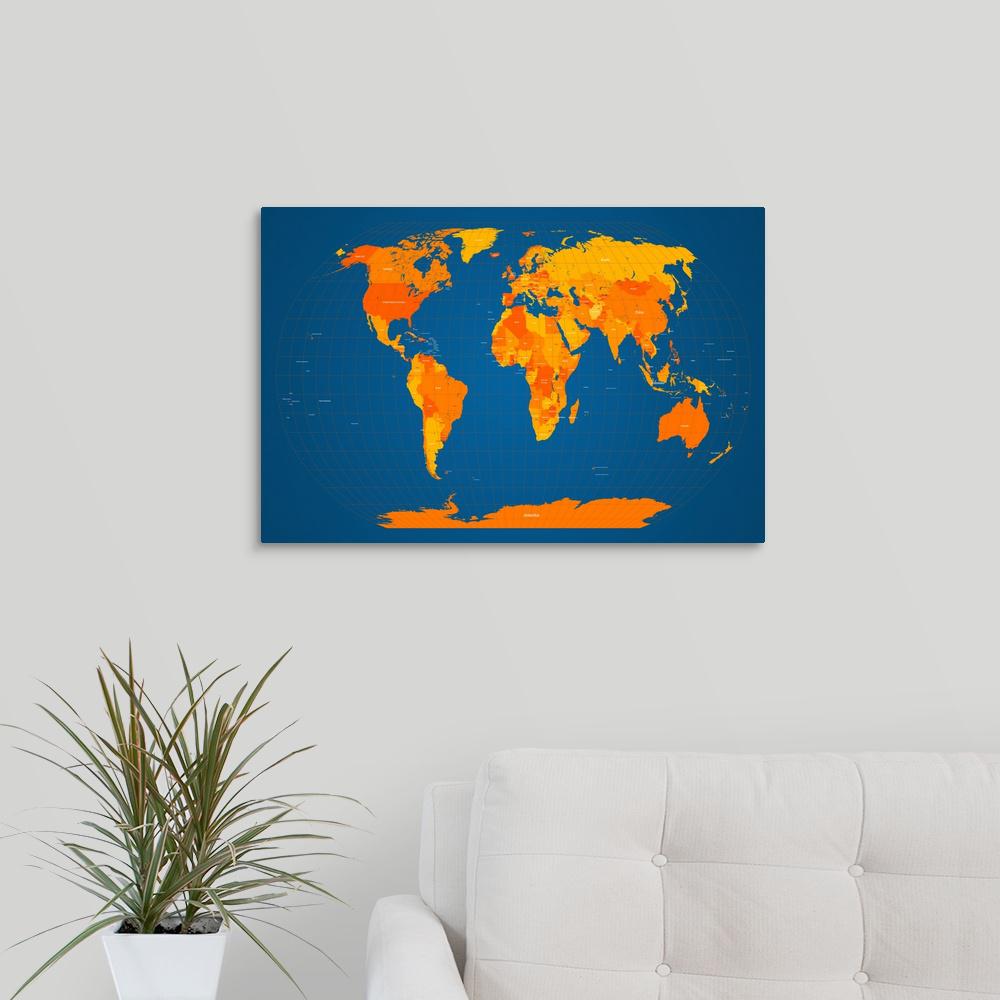 World Map In Orange And Blue By Michael Tompsett Canvas Wall Art