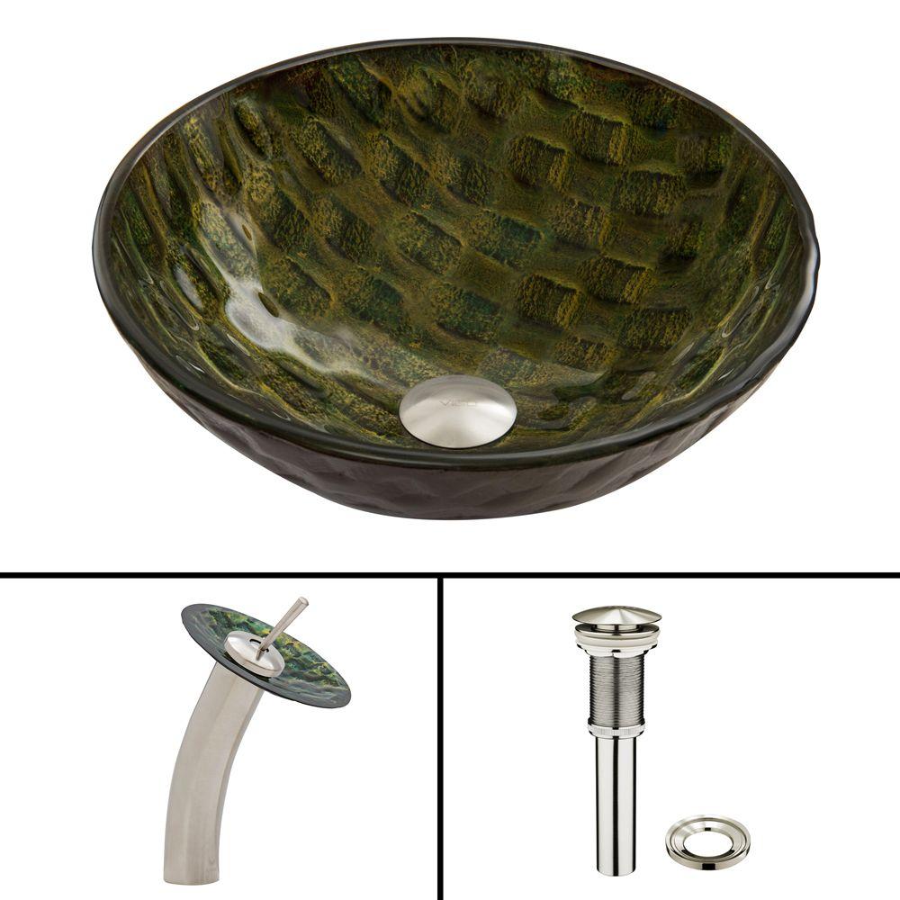 VIGO Glass Vessel Sink in Amazonia with Waterfall Faucet Set in Brushed