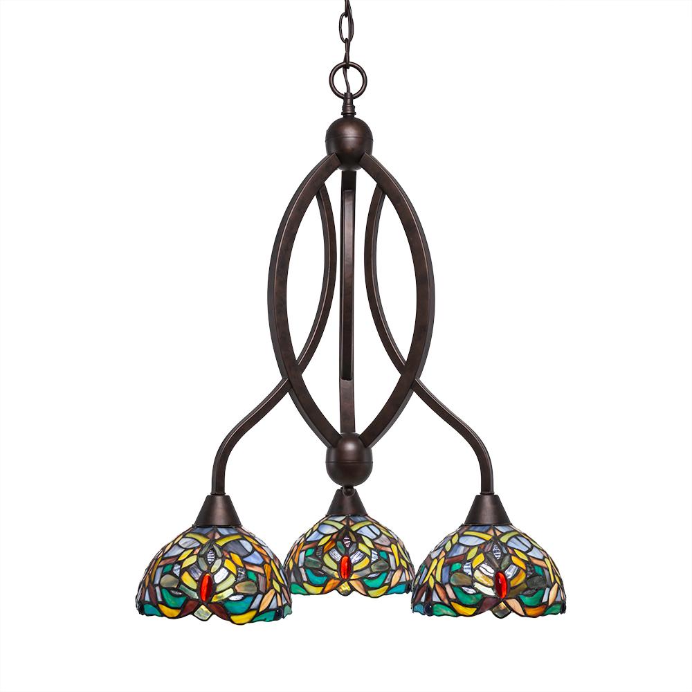 263-BRZ-9905-Toltec Lighting-Bow-Three Light Chandelier-18 Inches Wide by 26.75 Inches High Bronze Finish with Kaleidoscope Tiffany Glass thumbnail