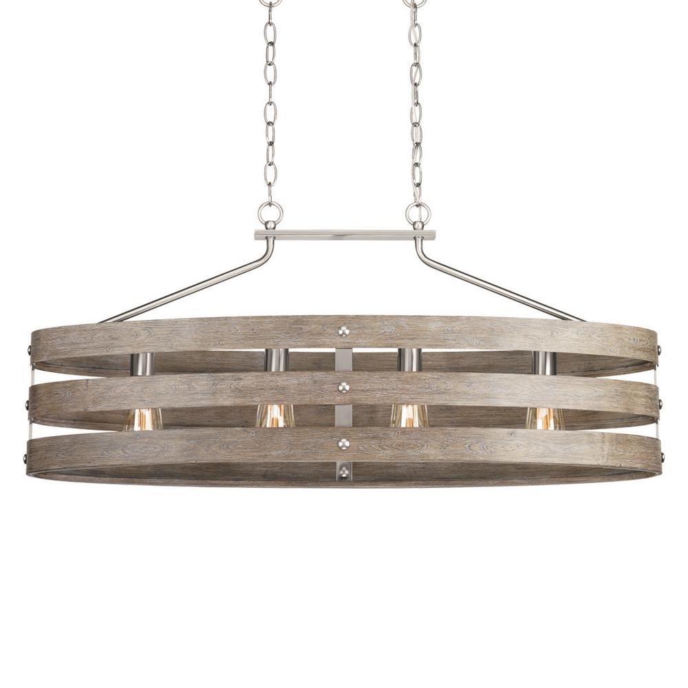 Gulliver 38 5 In 4 Light Brushed Nickel Island Chandelier With Weathered Gray Wood Accents