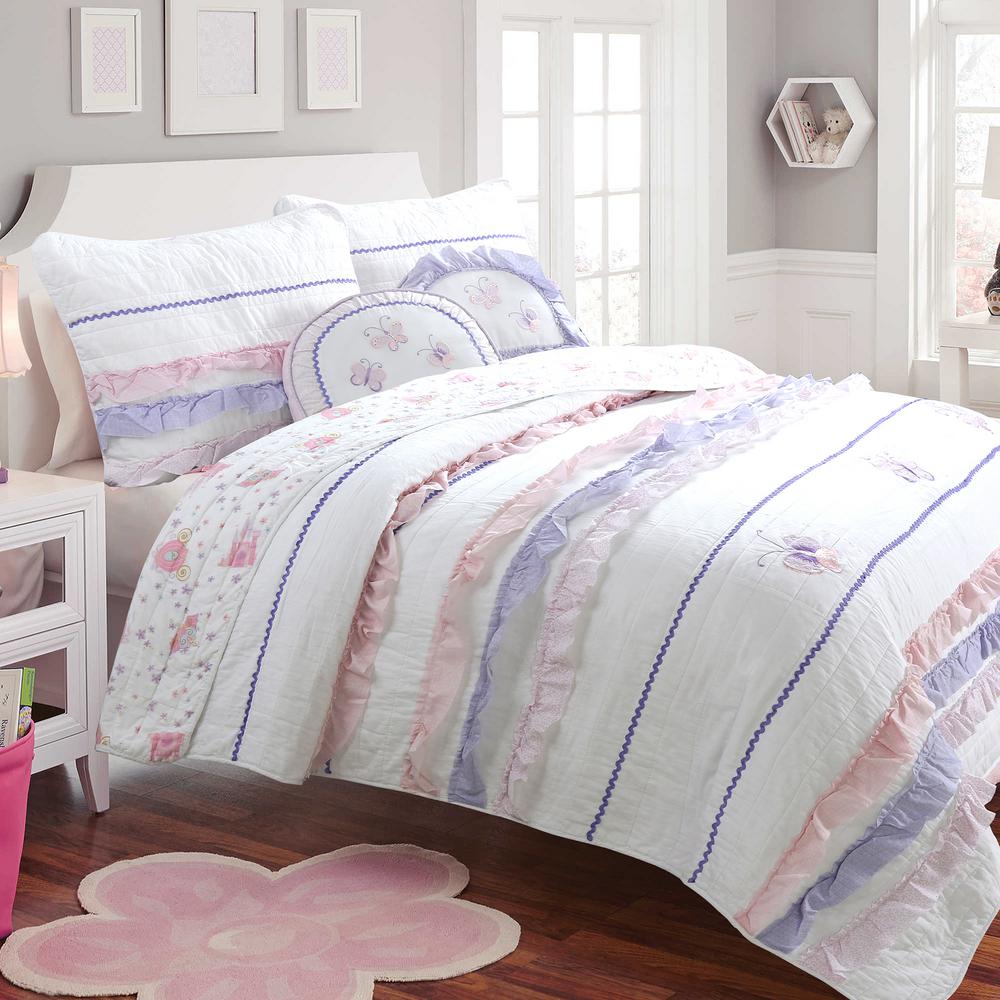 Cozy Line Home Fashions Butterfly Princess Ruffle Stripe Applique 2 Piece Pink White Purple Cotton Twin Quilt Bedding Set Bb20180207t The Home Depot