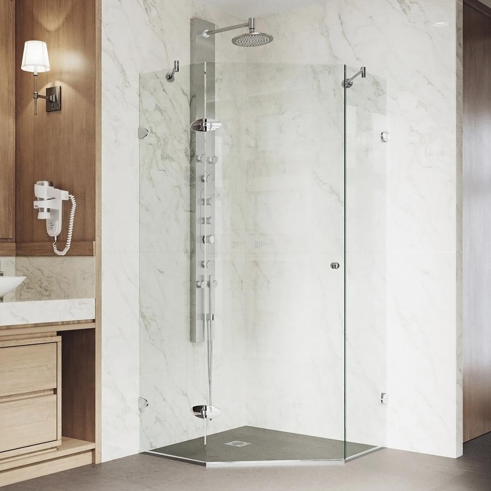 VIGO Verona 34.125 in. x 73.375 in. Frameless Neo-Angle Hinged Corner Shower Enclosure in Chrome with Clear Glass