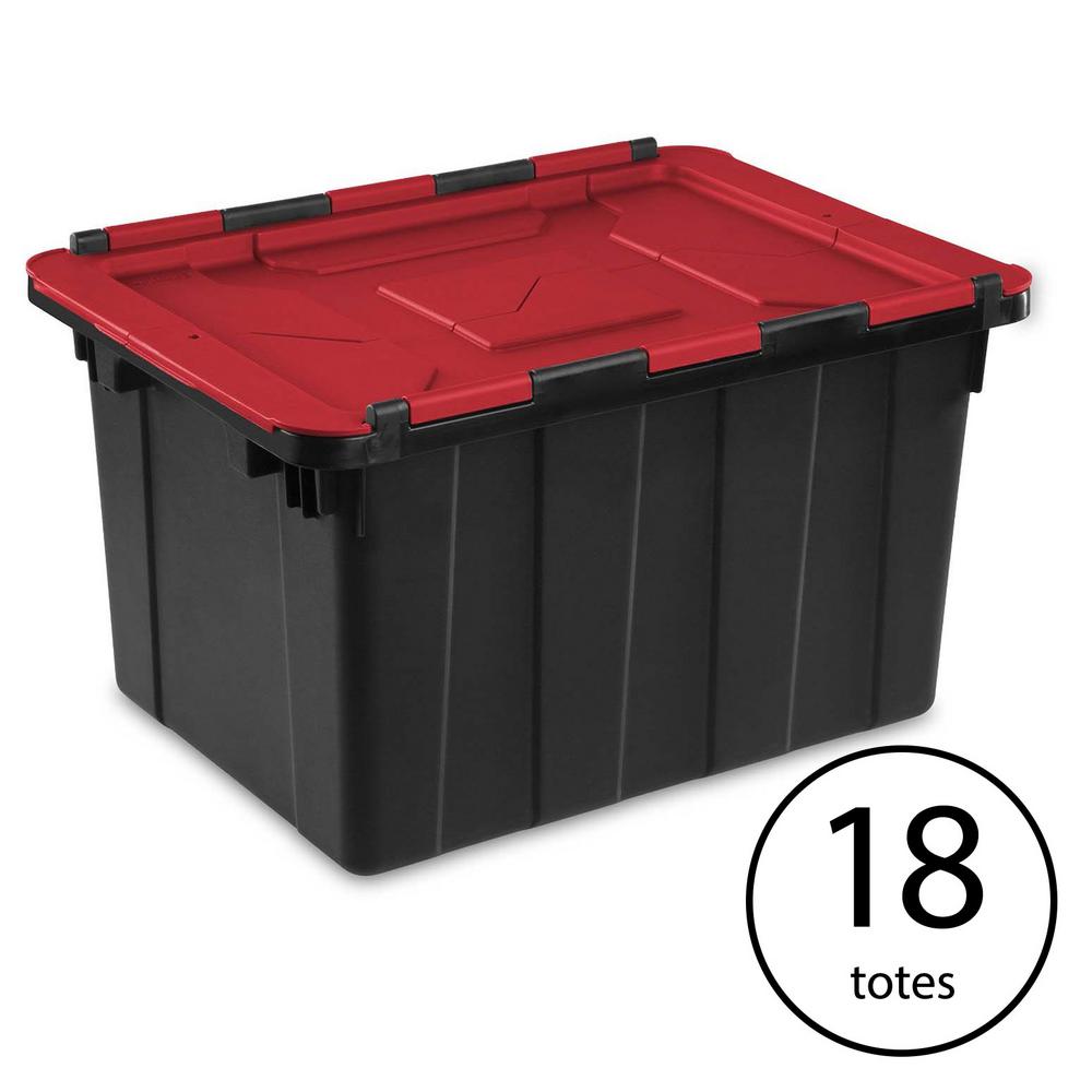 Sterilite 12 Gal./45l Hinged Lid Industrial Tote, Red Lid (18Pack