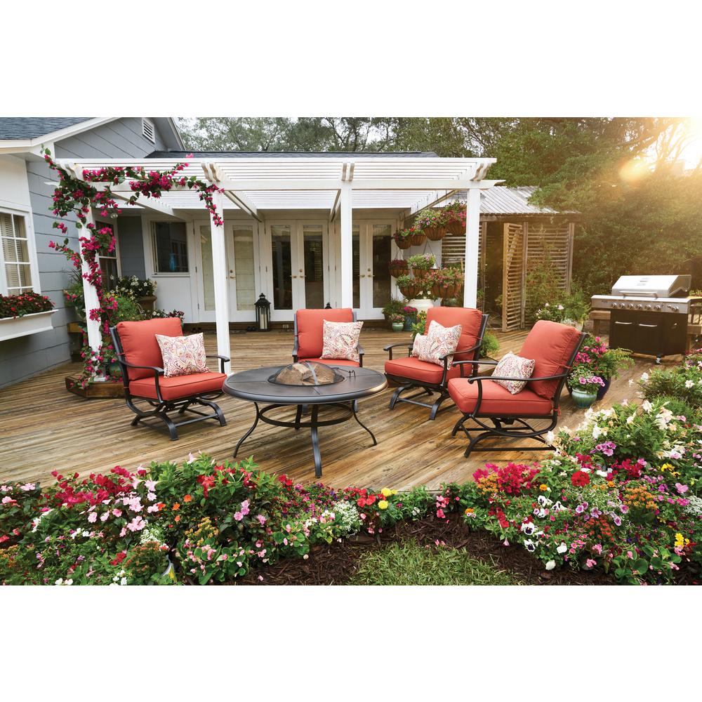 Hampton Bay Redwood Valley 5 Piece Metal Patio Fire Pit Seating Set With Quarry Red Cushions Fss60428rst The Home Depot