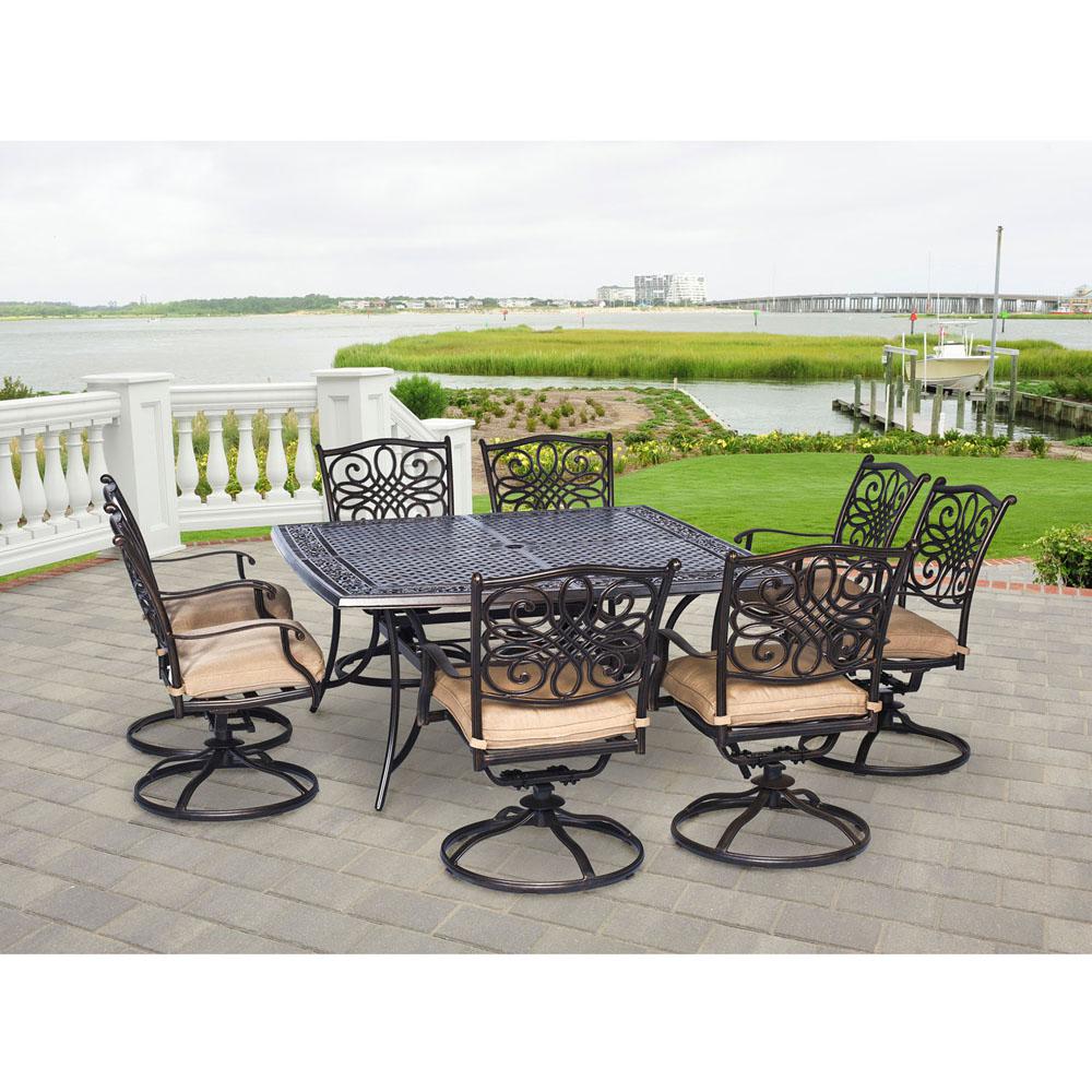 Hanover Traditions 9 Piece Aluminium Square Patio Dining Set With Eight Swivel Dining Chairs And Natural Oat Cushions Traddn9pcswsq 8 The Home Depot