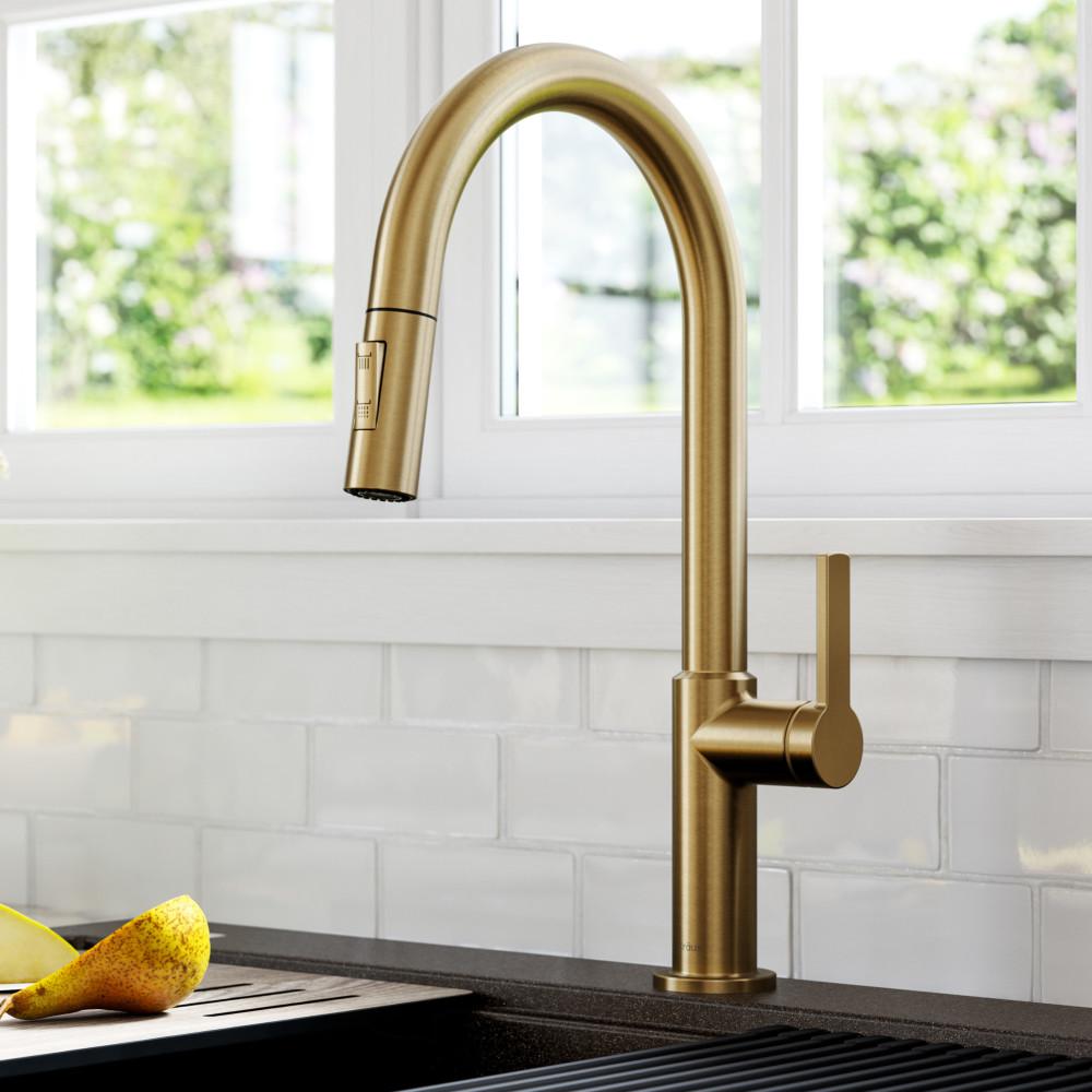 KRAUS Oletto Single-Handle Pull-Down Sprayer Kitchen Faucet in Brushed Brass