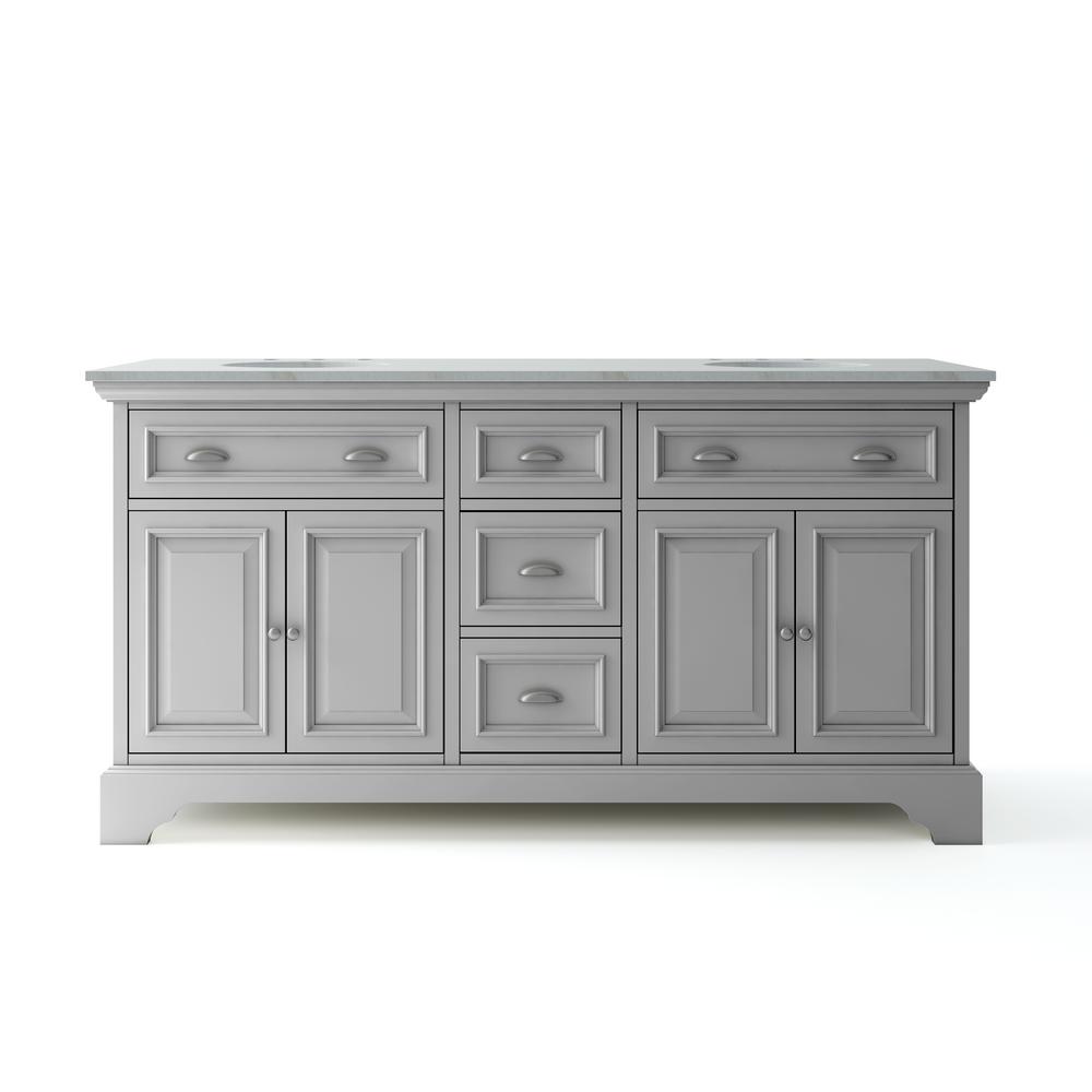 Sadie 67 In W X 21 5 In D Vanity In Dove Grey With Marble Vanity Top In Natural White With White Sinks