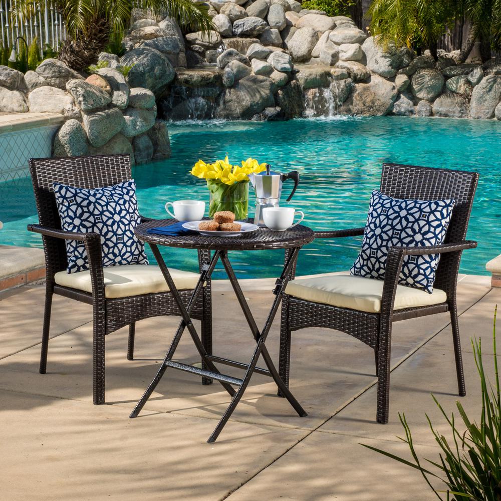 Noble House Elba Brown 3-Piece Wicker Round Outdoor Bistro Set with Cream Cushions-297265 - The ...