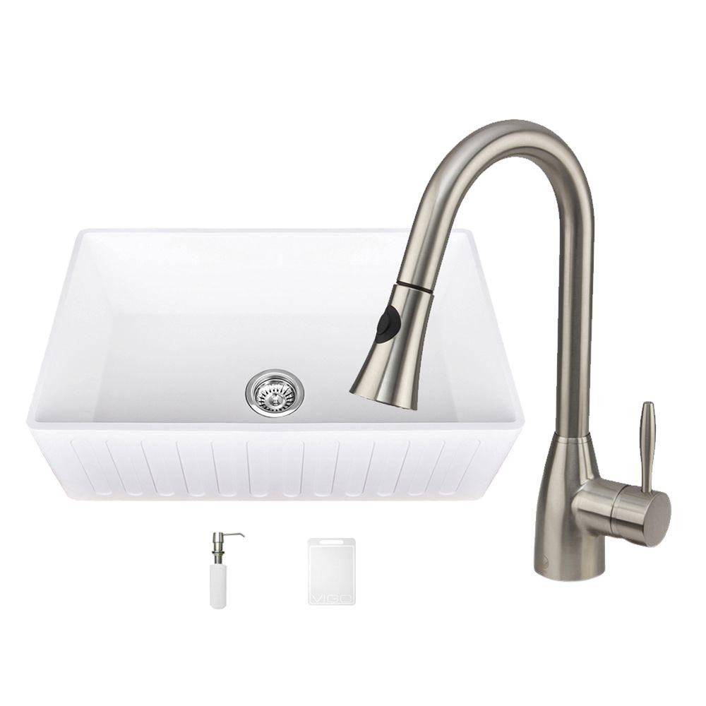 VIGO All-in-One 30 in. 0-Hole Matte Stone Farmhouse Kitchen Sink and