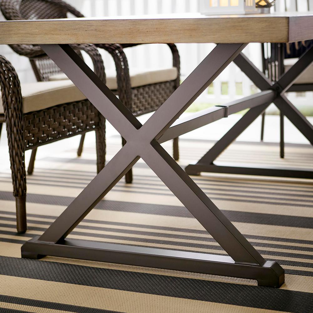 Hampton Bay Mix And Match 72 In Rectangular Metal Outdoor Dining Table With Farmhouse Trestle Base And Tile Tabletop 3038 Dt7 The Home Depot