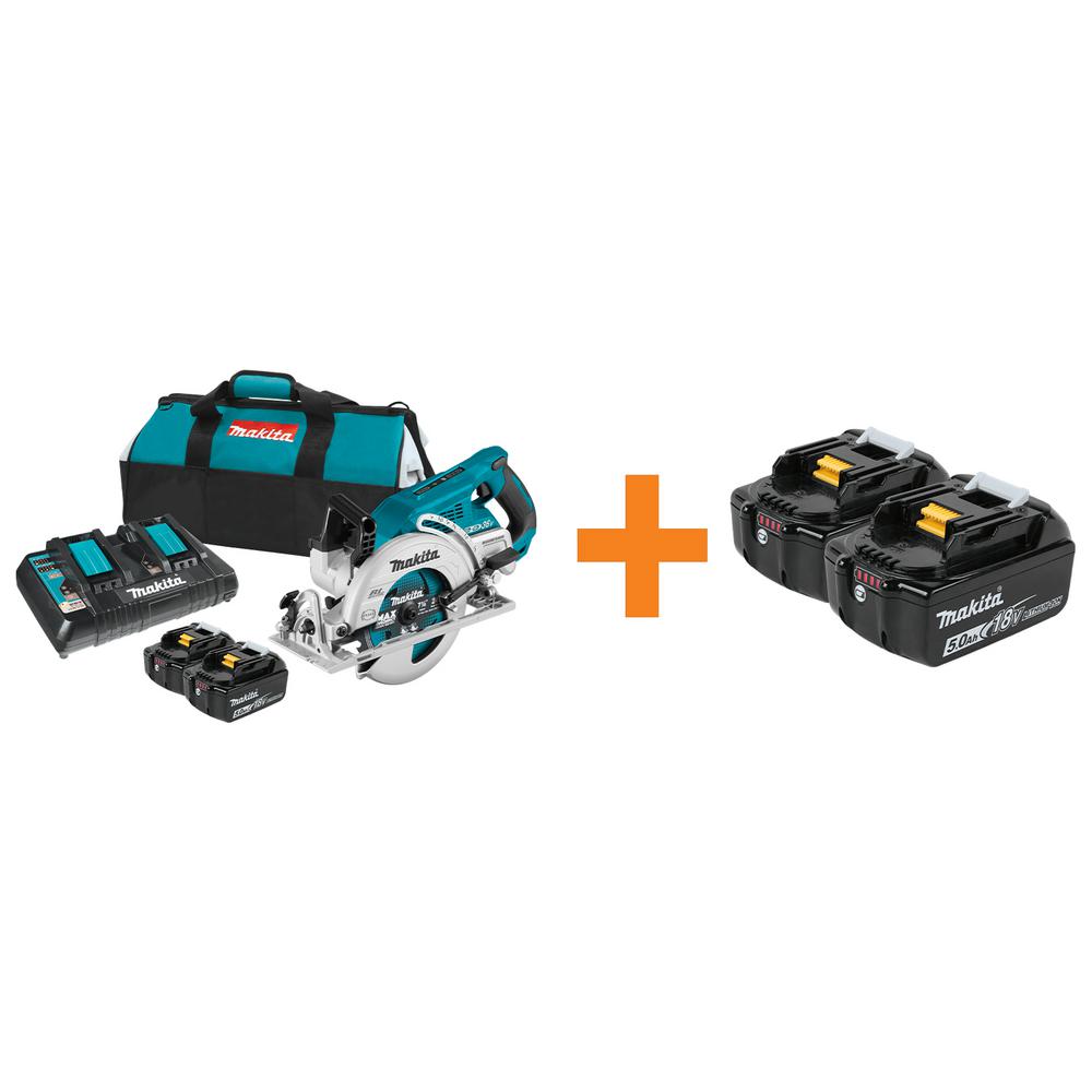 Makita 18-Volt X2 LXT Lithium-Ion (36-Volt) Brushless Cordless Rear Handle 7-1/4 in. Circular Saw w/BONUS 5.0Ah Battery 2 Pack