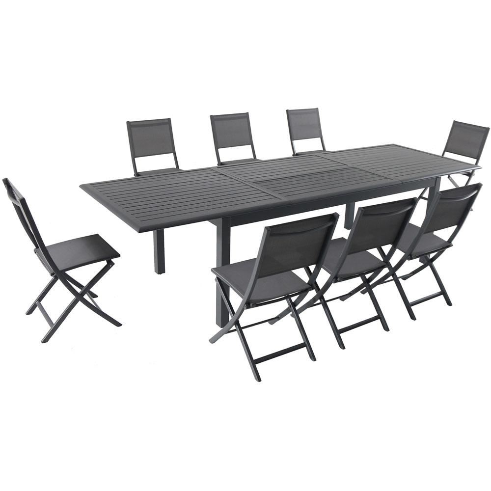 Hanover Dawson 9 Piece Aluminum Outdoor Dining Set With 8 Folding Sling Chairs And An Expandable 40 In X 118 In Table