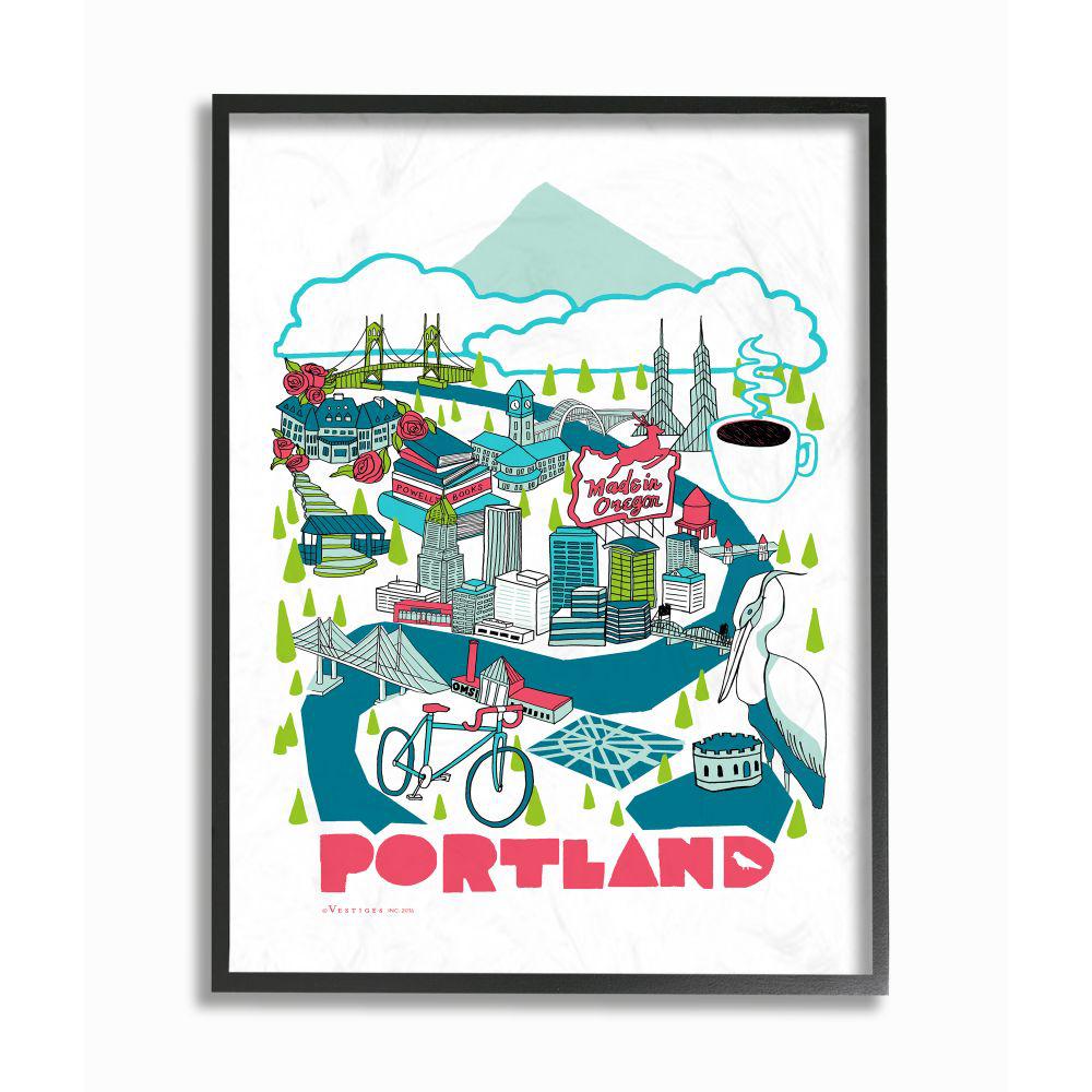 The Stupell Home Decor Collection 11 In X 14 In Blue And Red Portland Scenic Illustrated Poster With Bike And Mountain By Vestiges Framed Wall Art Cw 1509 Fr 11x14 The Home Depot