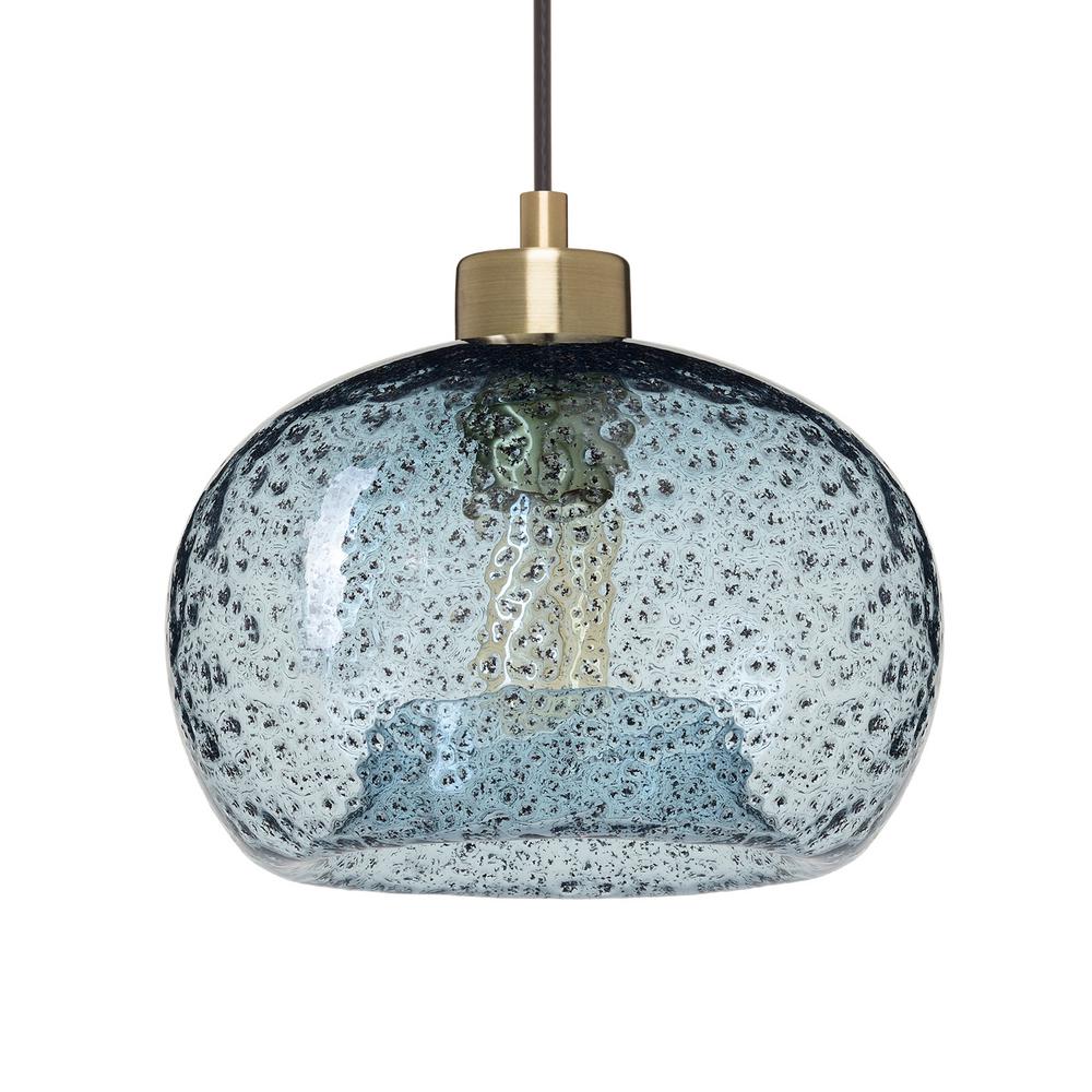Casamotion 9 In W X 6 In H 1 Light Brass Rustic Seeded Hand Blown Glass Pendant Light With Blue Glass Shade